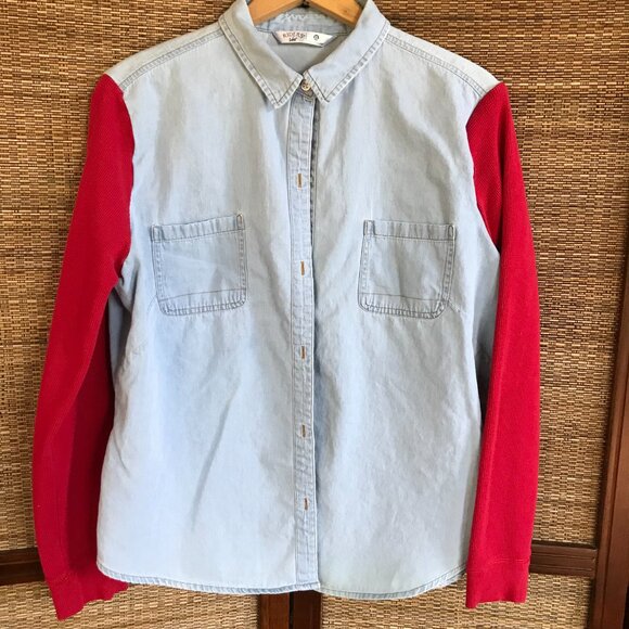 Upcycled Denim Shirt Jacket (M-L): Vintage Quilt Patchwork, Waffle Knit Sleeves - Picture 11 of 12